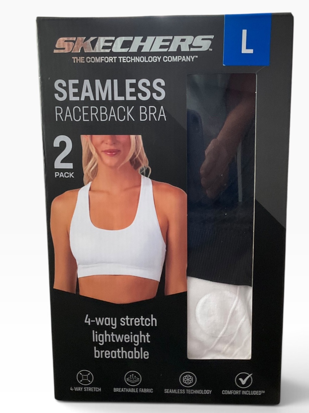 Skechers 2 Pack Women's Racerback Sports Bra - Seamless White Black NWT
